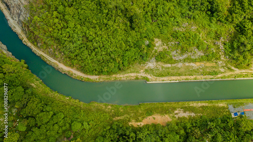 Breathtaking aerial drone view of waterway canal at Kampung Wai, Perlis, Malaysia photo