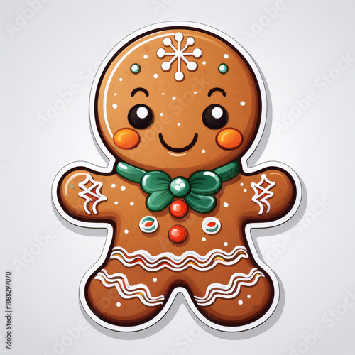 Gingerbread man isolated on white, Smiling Gingerbread Man with Bow Tie - Christmas Cookie Illustration