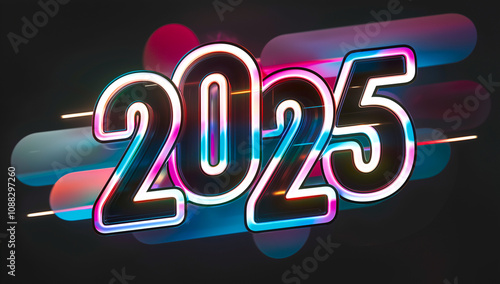 2025 in neon style, glowing with light against a dark background. 