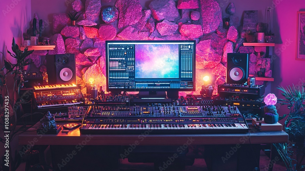a virtual background for zoom with a music production studio with synths and esoteric crystals a virtual background for zoom with a music production studio with synths and esoteric crystals