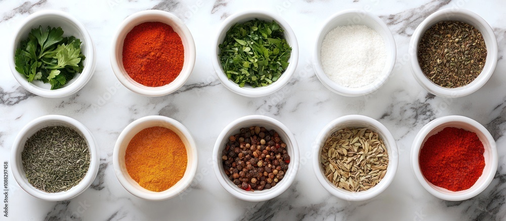 A collection of nine small white bowls filled with various spices, herbs, and seasonings on a marble countertop. A collection of nine small white bowls filled with various spices, herbs, and seasonings on a marble countertop.