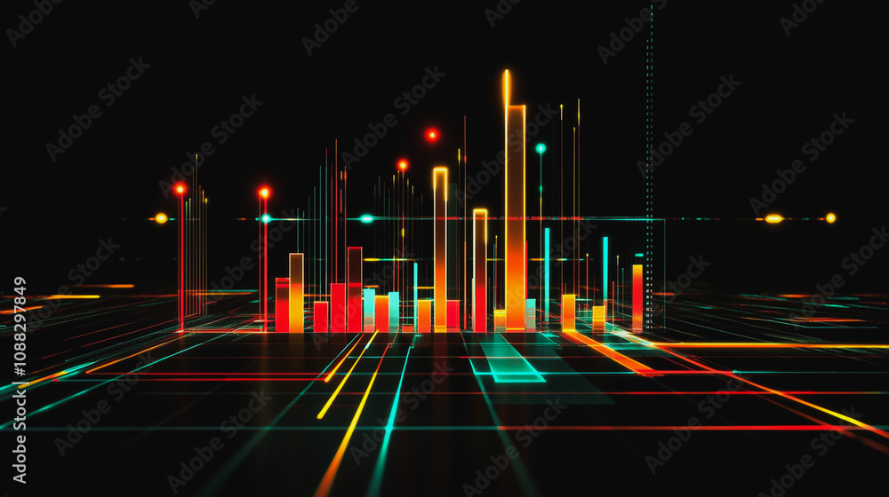 Abstract black background with 3D Colorful charts and graphs with statistics to innovative analyze business potential and forecast future development of companies growth. Abstract black background with 3D Colorful charts and graphs with statistics to innovative analyze business potential and forecast future development of companies growth.