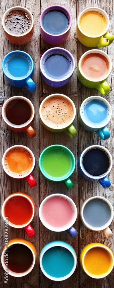 Colorful Cups of Coffee and Tea on Wooden Background. Colorful Cups of Coffee and Tea on Wooden Background.