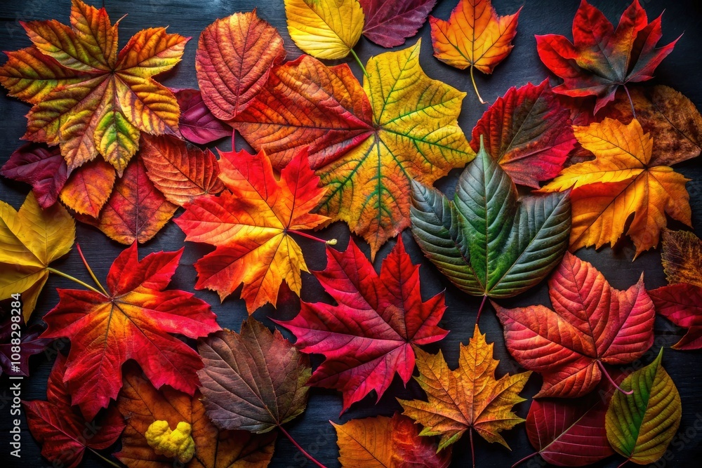 Vibrant Autumn Leaves on Dark Background - Colorful Fall Foliage, Nature's Palette, Panoramic Photography, Seasonal Beauty, Leafy Textures, Autumn Splendor, Nature's Artwork Vibrant Autumn Leaves on Dark Background - Colorful Fall Foliage, Nature's Palette, Panoramic Photography, Seasonal Beauty, Leafy Textures, Autumn Splendor, Nature's Artwork