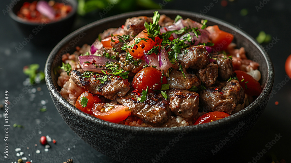 Freshly grilled beef, Turkish or chicken Arabic shawarma on a wooden cutting board with garnish and sauce, vibrant spices, and a rustic kitchen setting, perfect for culinary or cultural themes Freshly grilled beef, Turkish or chicken Arabic shawarma on a wooden cutting board with garnish and sauce, vibrant spices, and a rustic kitchen setting, perfect for culinary or cultural themes