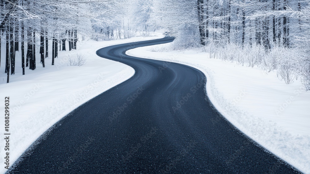 Winding mountain road through snowy winter forest Winding mountain road through snowy winter forest