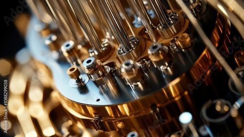 An extreme close-up of a quantum computer's superconducting qubits and cryogenic cooling system, Quantum computing hardware style, photo of