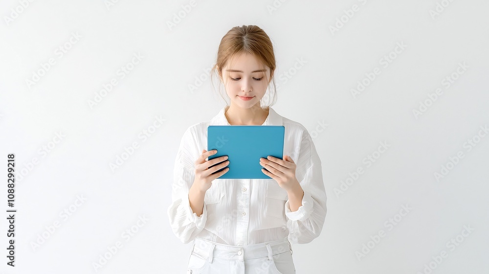 Thoughtful Calm Female Professional Holding a Blue Digital Tablet Device on an Isolated White Background Thoughtful Calm Female Professional Holding a Blue Digital Tablet Device on an Isolated White Background
