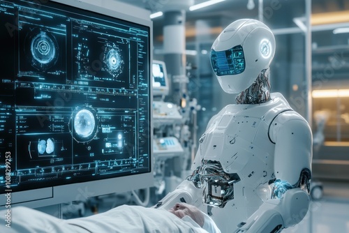 A futuristic medical robot attends to a patient, monitoring vital signs on a large screen in a sterile operating room.