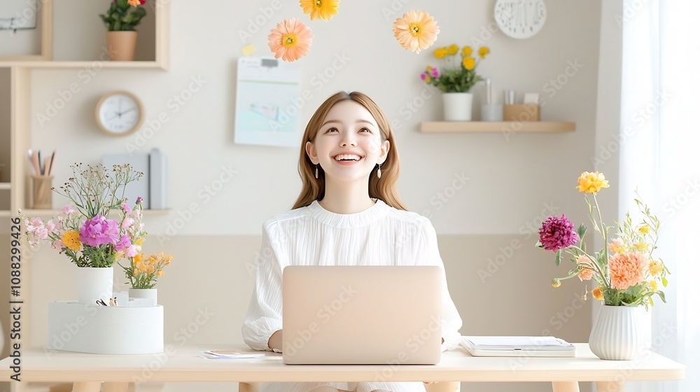 Cheerful young woman seated at bright modern desk with laptop looking upward with a joyful focused expression amidst vibrant flowers and soft calming decor elements Cheerful young woman seated at bright modern desk with laptop looking upward with a joyful focused expression amidst vibrant flowers and soft calming decor elements