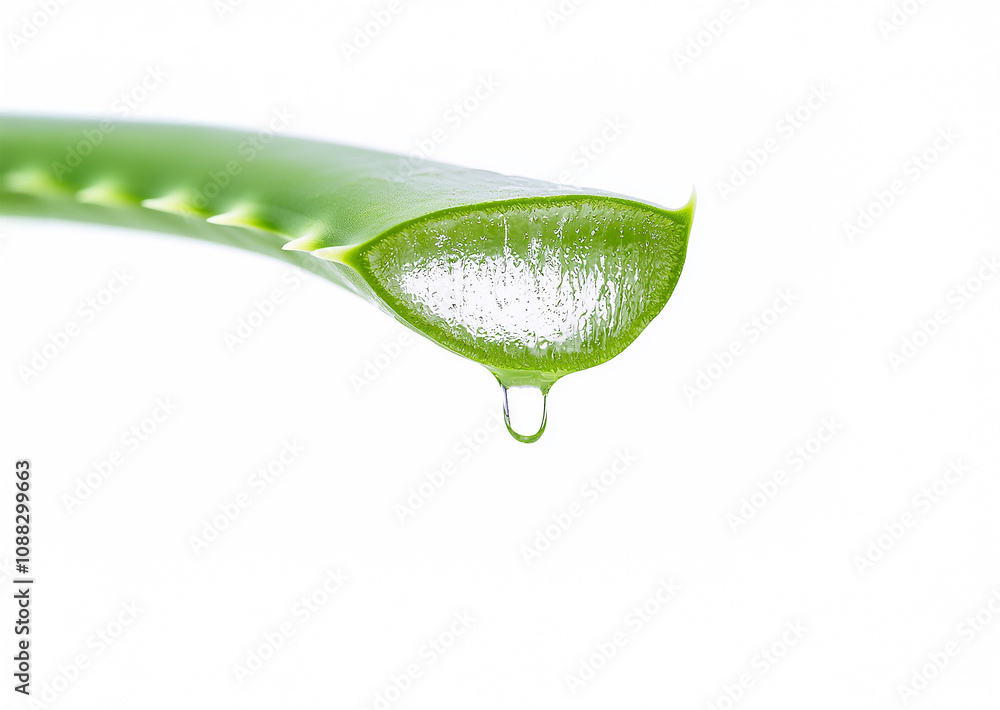 Fototapeta premium Aloe essence from leaf, white background beauty concept