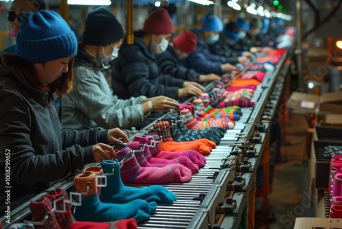 Workers in a sock manufacturing factory placing finished products on shelves for packaging and shipping photo