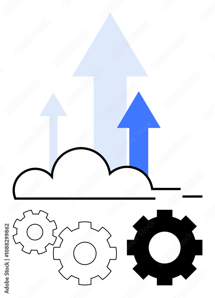 Cloud icon with three arrows pointing upward and three gears, symbolizing data growth and technology advancements. Ideal for technology, data analysis, cloud computing, business growth, engineering Cloud icon with three arrows pointing upward and three gears, symbolizing data growth and technology advancements. Ideal for technology, data analysis, cloud computing, business growth, engineering