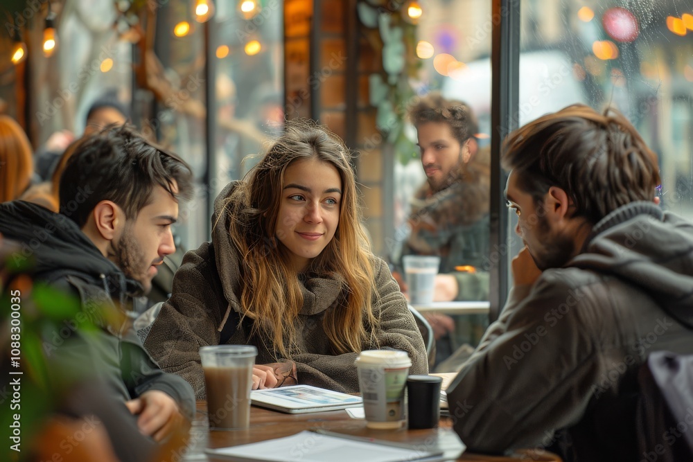 Creative team discussing a project in the relaxed atmosphere of a cafe
