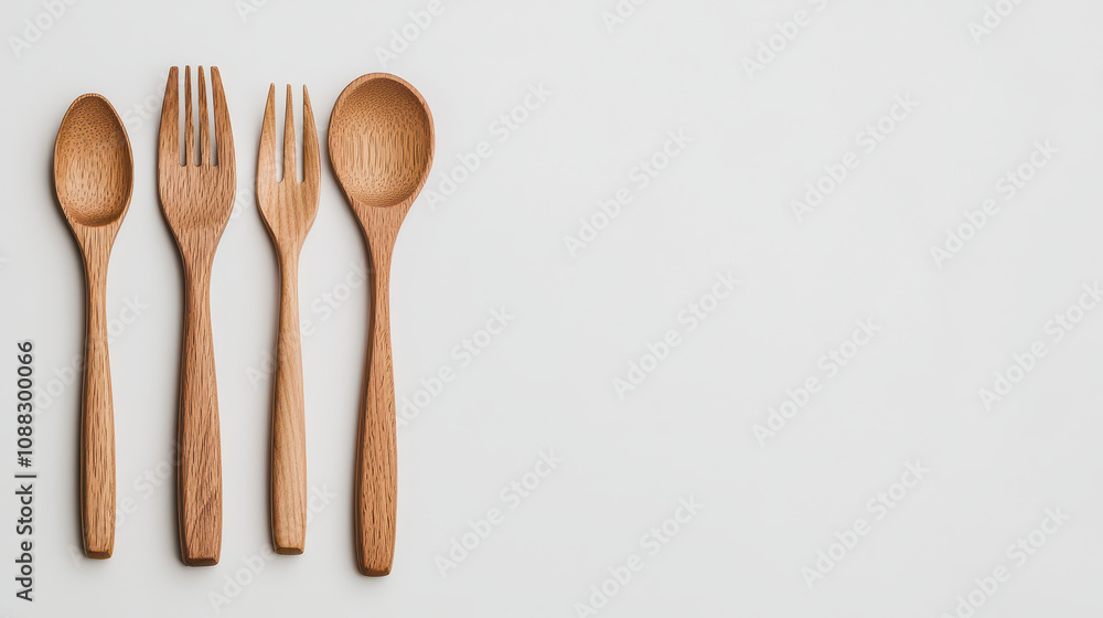 Close up of wooden cutlery including spoon, fork, and ladle, beautifully arranged on light background, showcasing natural textures and craftsmanship Close up of wooden cutlery including spoon, fork, and ladle, beautifully arranged on light background, showcasing natural textures and craftsmanship