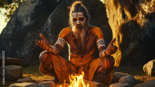 Ritual of the Dreamtime: Australian Aboriginal Elder in Body Paint at Sacred Stone Circle Fire Ceremony photo