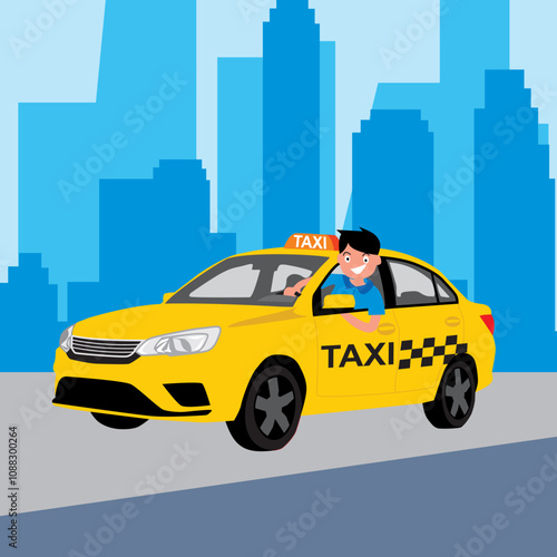 Taxi car with driver in the city