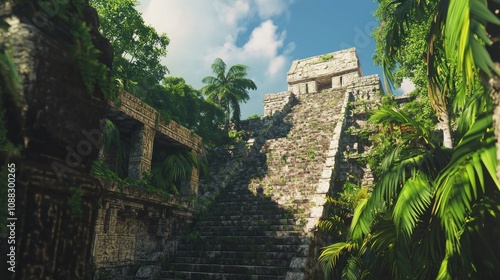 Majestic Mayan Ball Court Amid Tropical Foliage and Weathered Stones - Historical Significance Captured in Ultra Detail photo