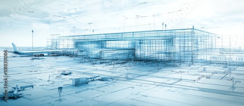 Fototapeta Naklejka Na Ścianę i Meble -  Architectural blueprint of a modern airport terminal building with a plane on the tarmac, all rendered in 3D.