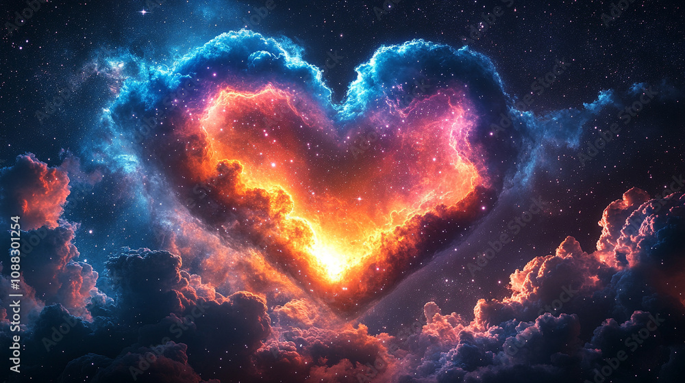 Colorful heart-shaped nebula in deep space with vibrant hues of pink, blue, and purple, surrounded by a cosmic background of stars and interstellar gas forming an ethereal and captivating scene