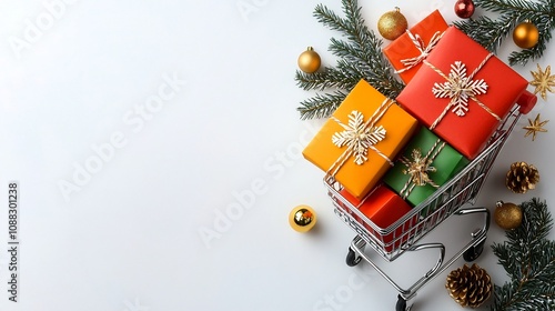 Colorful New Year s gift boxes and festive nestled in a small shopping cart standing out against a clean white background and capturing the joyful spirit of the holiday season photo