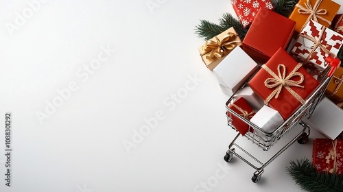 A festive shopping cart overflowing with an assortment of New Year s gift boxes in various shapes sizes and colors such as red green and gold placed on a plain white background photo