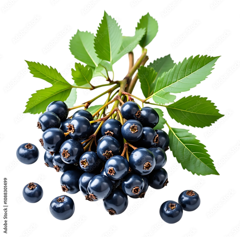 Close-Up of Fresh Aronia Berries with Green Leaves on White Background Close-Up of Fresh Aronia Berries with Green Leaves on White Background