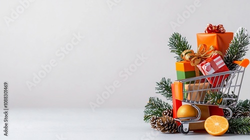 A cheerful shopping cart filled with colorful New Year s gift packages in vibrant wrapping positioned on a clean white background symbolizing the excitement and joy of the holiday season photo