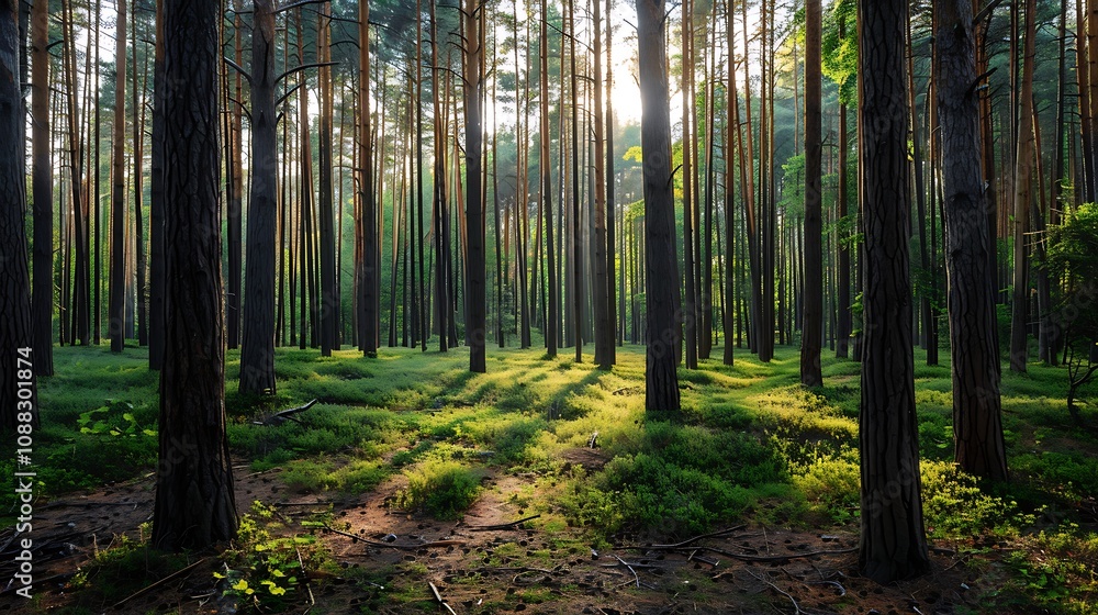 A dense forest with towering pine trees, the ground covered in a soft layer of pine needles. A dense forest with towering pine trees, the ground covered in a soft layer of pine needles.