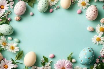 Happy Easter composition for easter design. Elegant Easter eggs and spring flowers on mint background. Flat lay, top view, copy space.