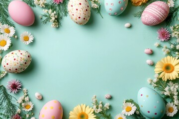 Happy Easter composition for easter design. Elegant Easter eggs and spring flowers on mint background. Flat lay, top view, copy space.