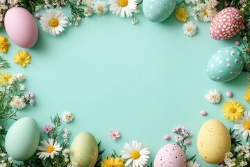 Happy Easter composition for easter design. Elegant Easter eggs and spring flowers on mint background. Flat lay, top view, copy space.