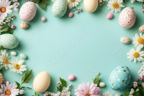 Happy Easter composition for easter design. Elegant Easter eggs and spring flowers on mint background. Flat lay, top view, copy space.