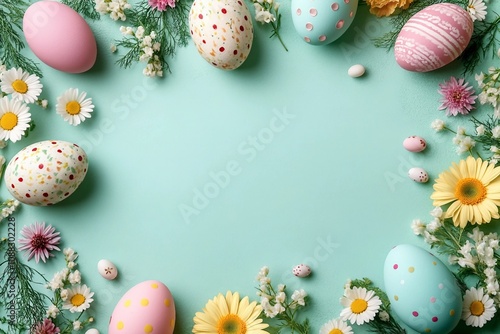 Happy Easter composition for easter design. Elegant Easter eggs and spring flowers on mint background. Flat lay, top view, copy space.