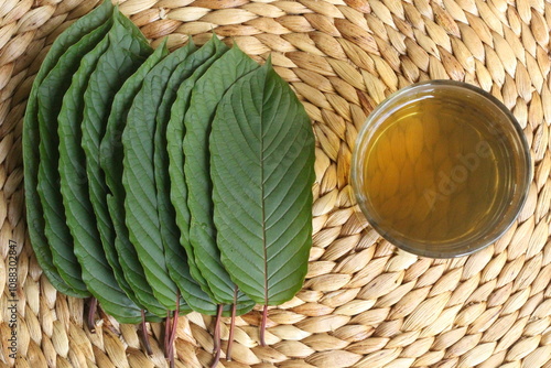 Kratom leaves or mitragyna speciosa and a glass kratom tea