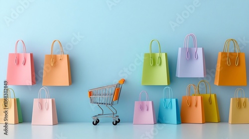 Minimalist design featuring a tiny shopping cart and colorful pastel shaded bags scattered on a vibrant blue background symbolizing a joyful and visually appealing retail experience photo