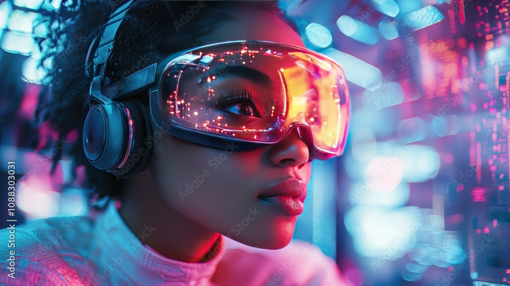 Woman in VR Headset Neon Lights Futuristic Tech Metaverse Woman in VR Headset Neon Lights Futuristic Tech Metaverse