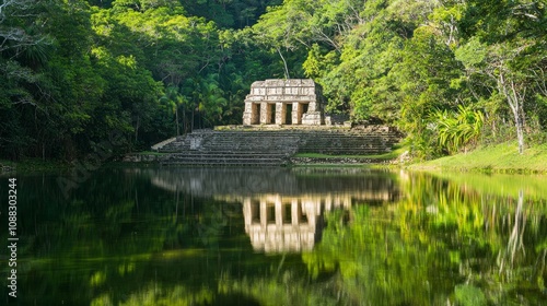 Serene Mayan Temple Reflection in Tranquil Lake Surrounded by Lush Forest - Ultra-Detailed Photograph of Peaceful Ancient Civilization