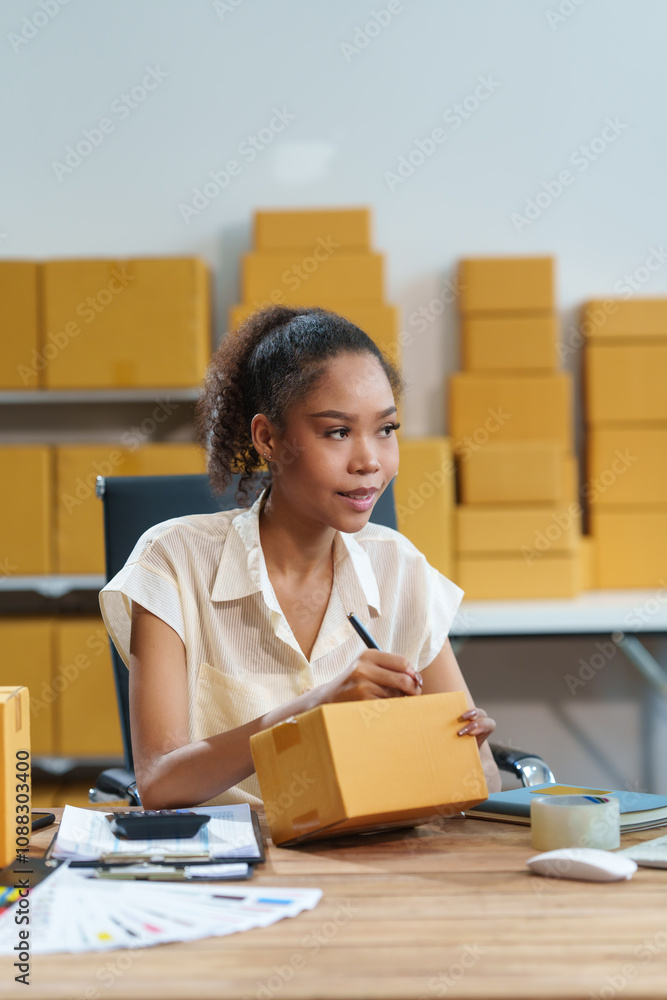 A beautiful African American woman sits at a desk, checking items, packing products, taking orders, monitoring sales on her computer. Packages are ready for shipping, showcasing her thriving online A beautiful African American woman sits at a desk, checking items, packing products, taking orders, monitoring sales on her computer. Packages are ready for shipping, showcasing her thriving online