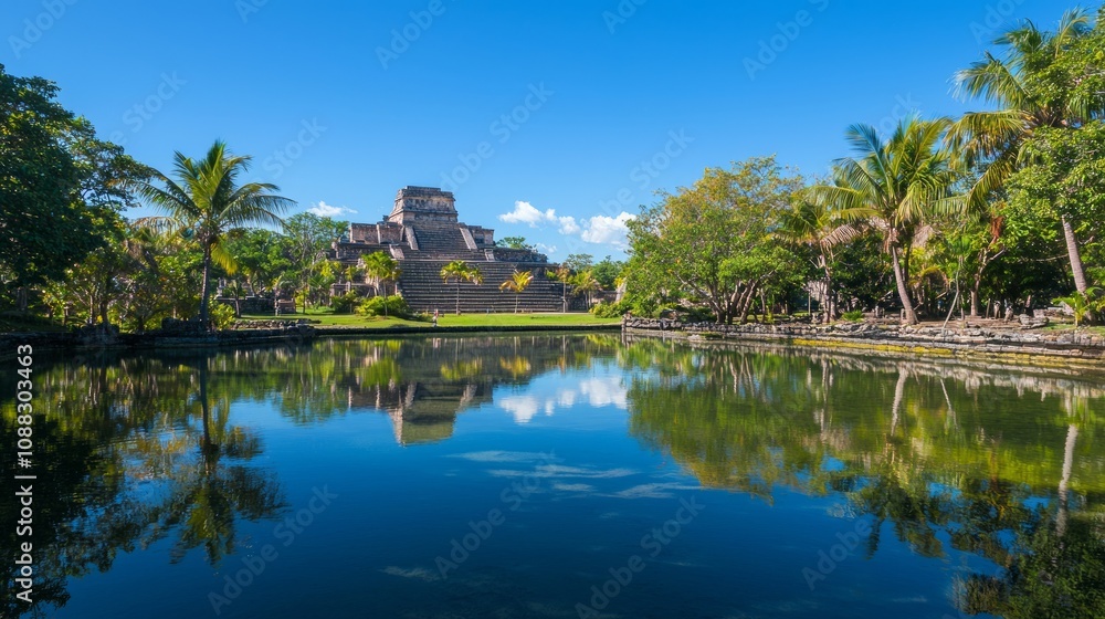 Serene Mayan Civilization: Tranquil Lagoon with Ancient Temples, Palm Trees, and Wildlife under Clear Blue Sky | Ultra-Detailed Photography Serene Mayan Civilization: Tranquil Lagoon with Ancient Temples, Palm Trees, and Wildlife under Clear Blue Sky | Ultra-Detailed Photography