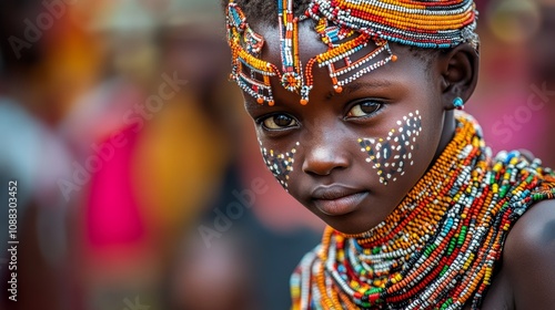 Radiant Samburu Girl Embracing Tradition in Kenya with Beads and Face Paint, Candid Portrait in Natural Light photo