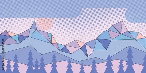 Stylized geometric landscape, winter view, sunset in mountains, vector illustration