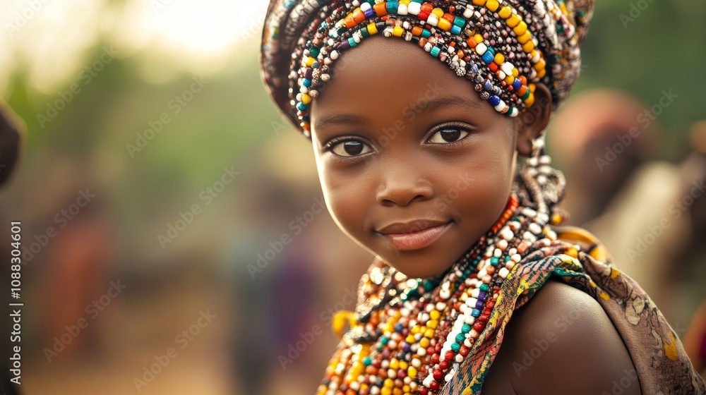 Captivating Ivory Coast Girl in Traditional Ceremonial Attire at a Village Gathering adorned with Beads in Warm Earth Tones Captivating Ivory Coast Girl in Traditional Ceremonial Attire at a Village Gathering adorned with Beads in Warm Earth Tones