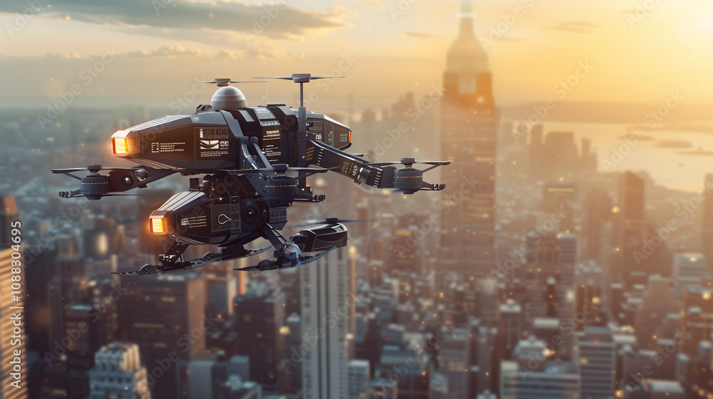 Futuristic Aerial Surveillance Drone Overlooking a Cityscape at Sunset Futuristic Aerial Surveillance Drone Overlooking a Cityscape at Sunset
