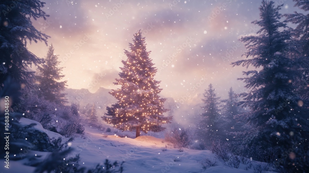 Fototapeta premium serene winter landscape featuring a decorated Christmas tree amidst falling snow.