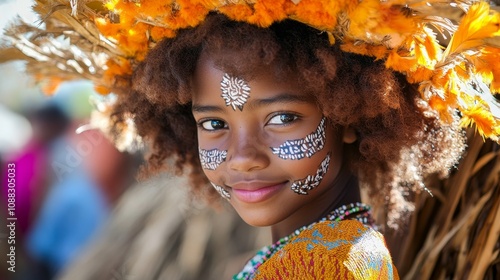 Celebrating Heritage: Madagascan Girl Adorned with Traditional Facial Markings at a Vibrant Village Festival with Earthy Tones photo