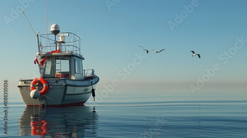 Rescue boat floating on tranquil blue sea with a life buoy attached. Safety,Risk Management,Teamwork,Nature,Environment,Hope,Survival,emergency, response,prepared, standby, alert, positioned