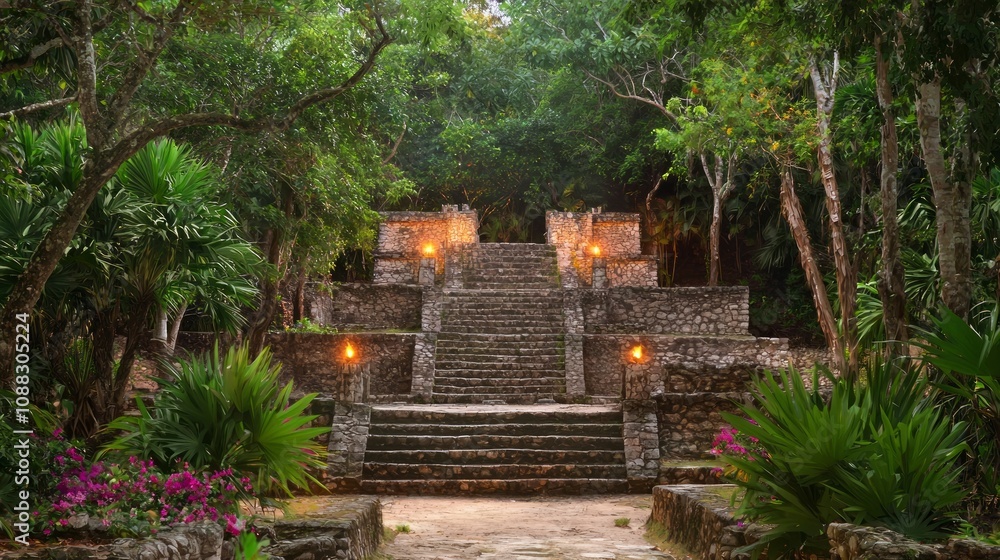 Mystical Mayan Ruins Aglow with Torchlight at Dusk Among Vibrant Flora and Intricate Carvings - Ultra-Detailed Capture Mystical Mayan Ruins Aglow with Torchlight at Dusk Among Vibrant Flora and Intricate Carvings - Ultra-Detailed Capture