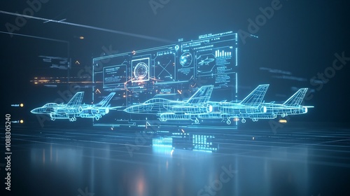 A stunning formation of sleek neon outlined fighter jets representing the cutting edge of aviation technology  The aircraft s glowing digital effects and streamlined designs convey a sense of power