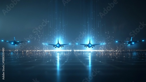 Conceptual jet planes gliding in unison through a luminous digital landscape